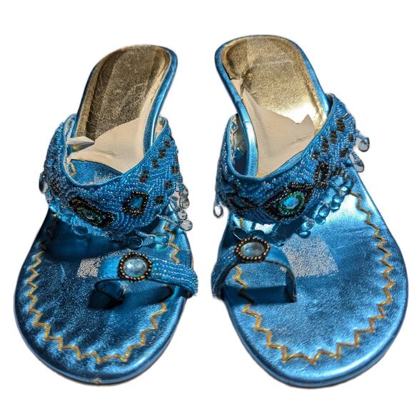 Vtg Y2K Blue Metallic Faux Leather Boho Beaded Toe Loop Kitten Heel Sands Sz 6 - Picture 2 of 7